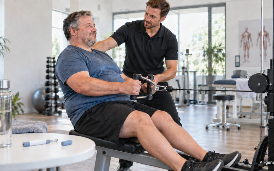 Mann absolviert Krafttraining während einer Behandlung mit einer Abnehmspritze.