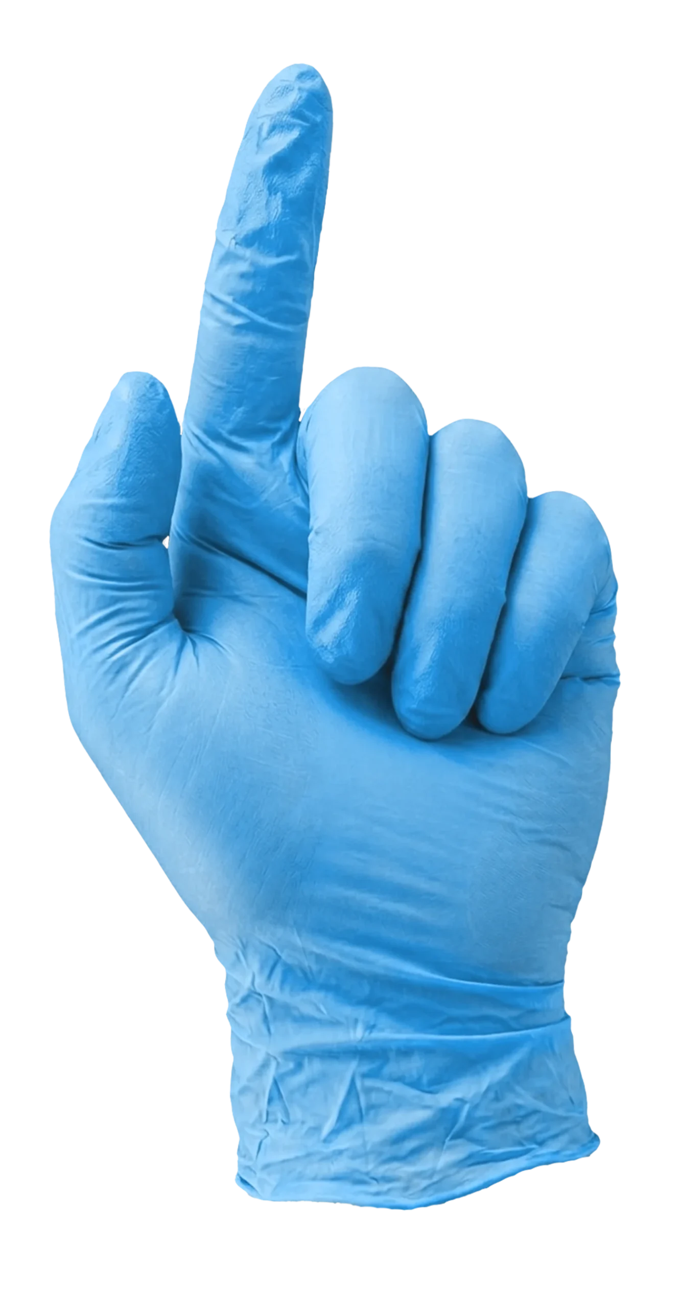 Hand im blauen Handschuh mit erhobenem Zeigefinger